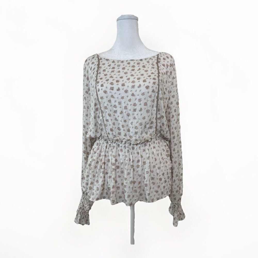 Altar'd State Women Medium Blouse Boho Long Sleeve Floral Ruffles Peplum Brown